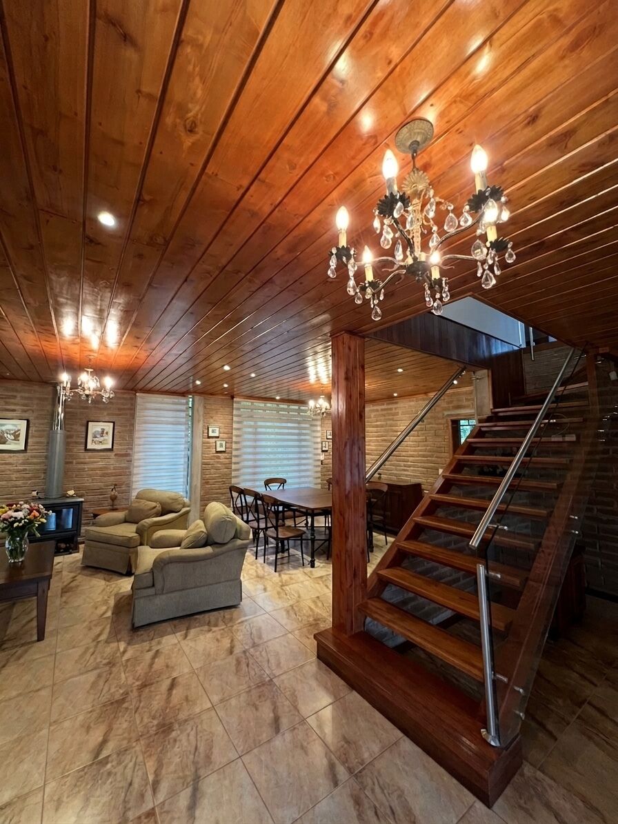 A wooden interior with a staircase, a chandelier, and a seating area.