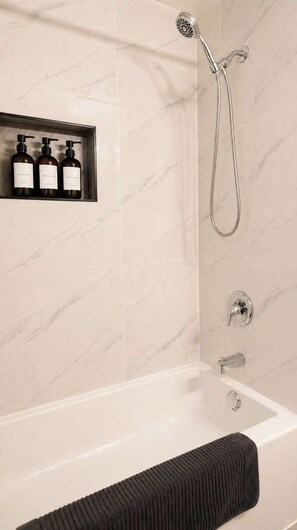 Shower, hair dryer, shampoo