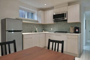 Fridge, microwave, coffee/tea maker, electric kettle