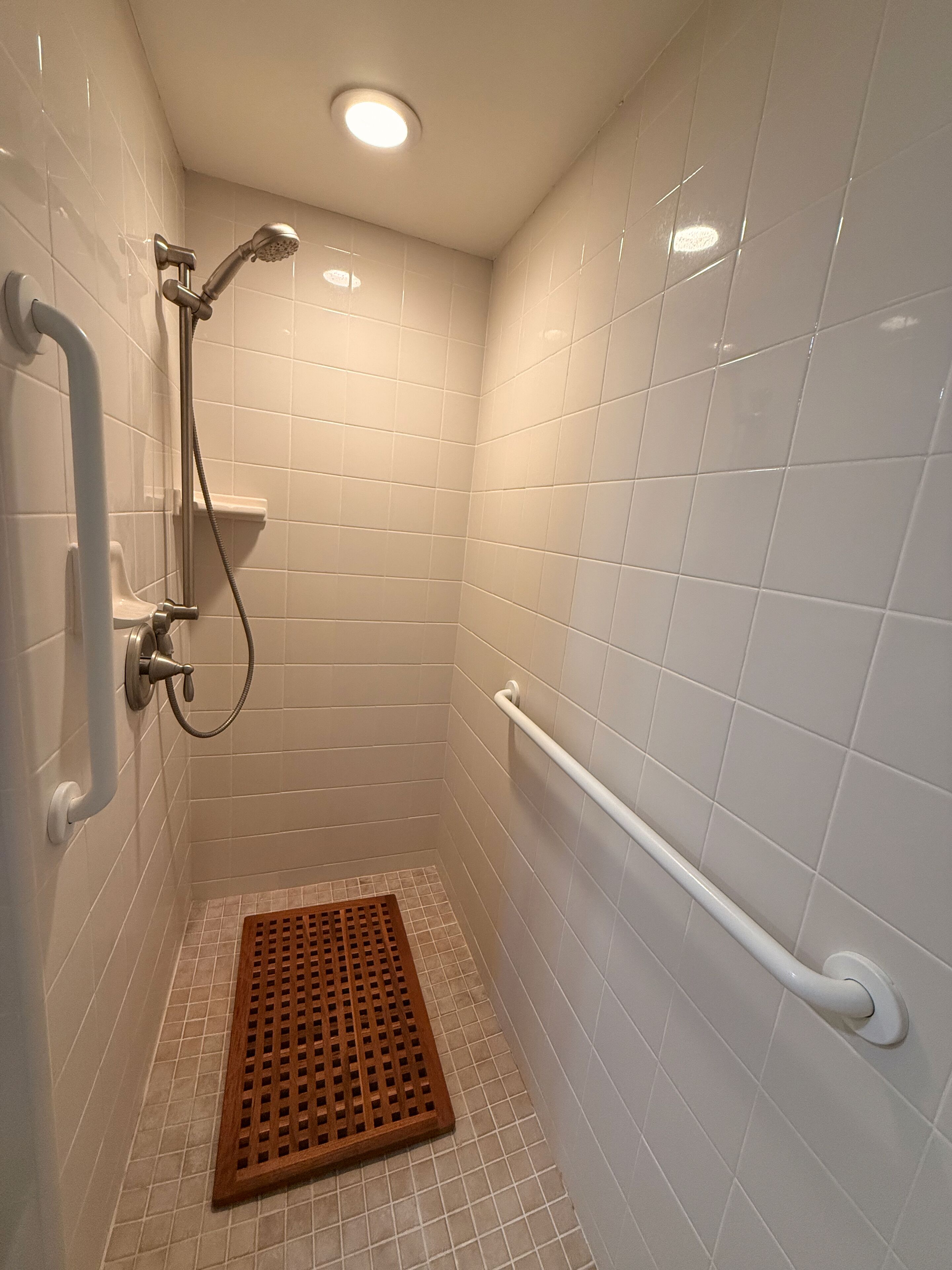 A small, tiled shower area with a handheld showerhead, a handheld shower attachment, and a grab bar on the wall.