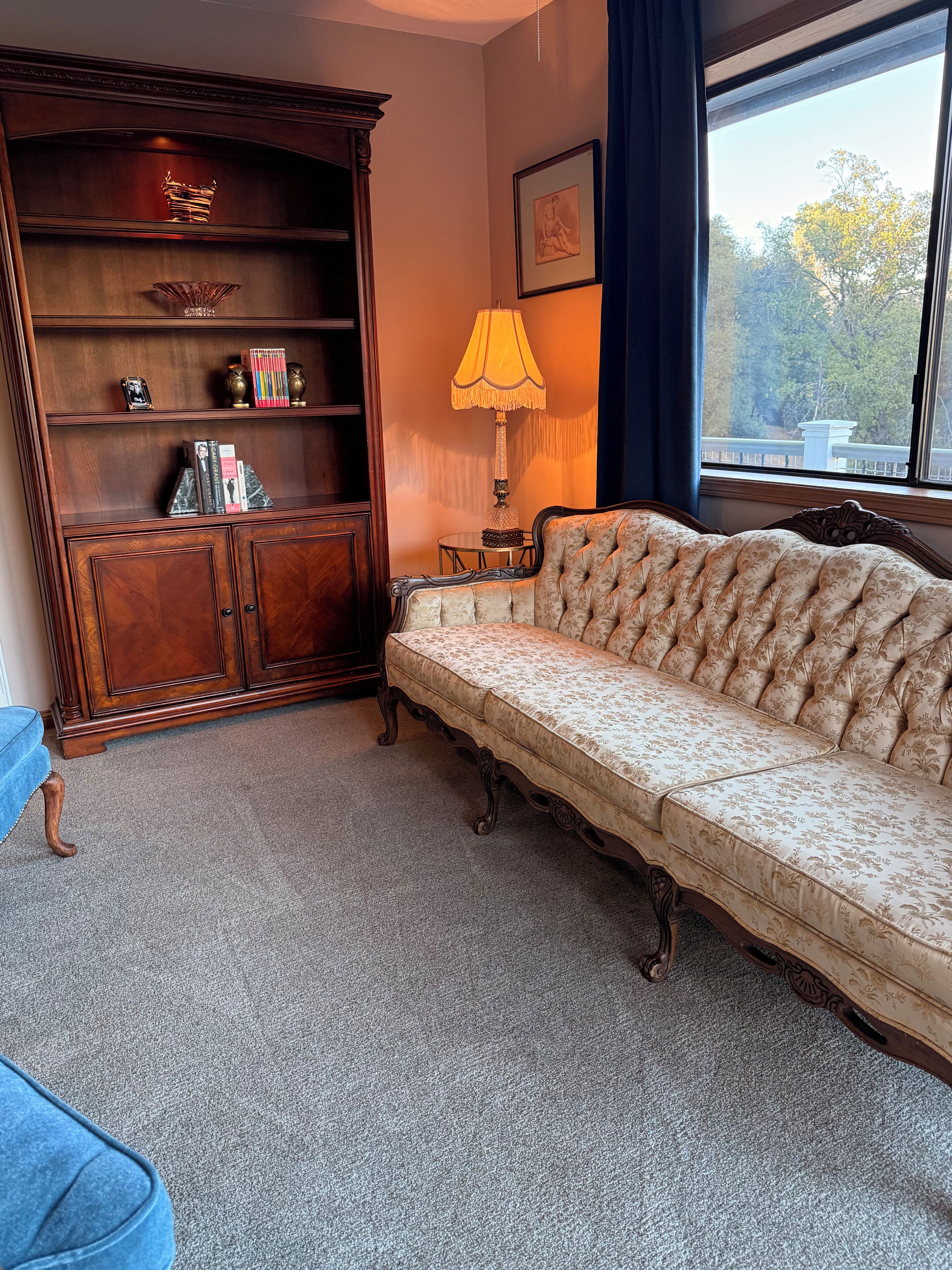 A room with a large wooden bookcase, a cushioned sofa, a small table with a lamp, and a window with a view of trees.