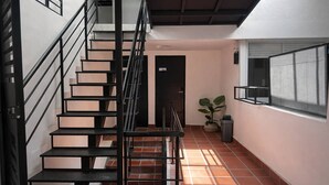 Un escalier avec des rampes noires, une plante en pot et une fenêtre munie d’un moustiquaire.