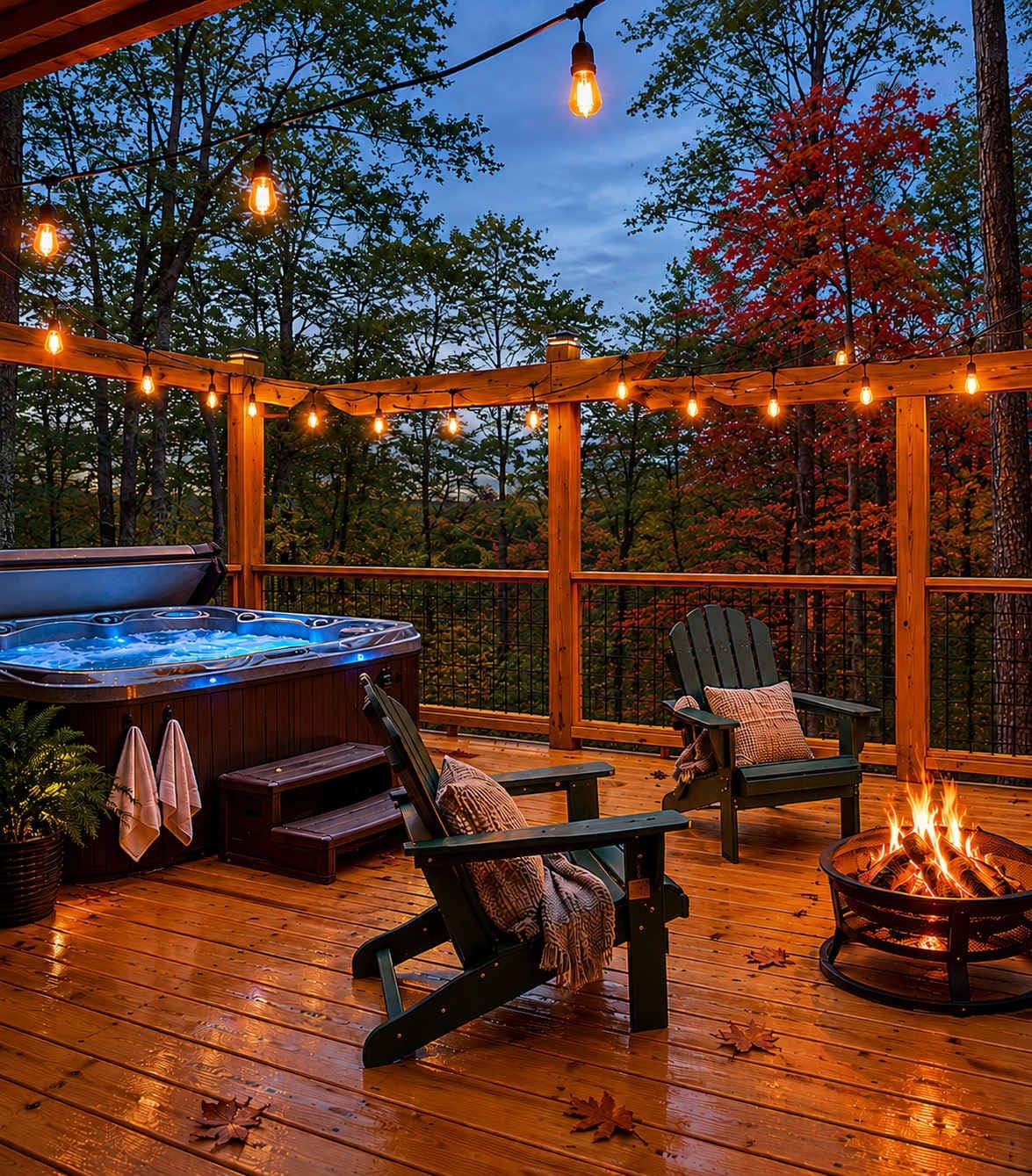 A wooden deck with a hot tub, two Adirondack chairs, a fire pit, and string lights.