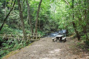 Een bebost gebied met een picknicktafel en banken, een houten brug en een beek.