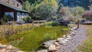 Un chalet rustique avec un étang, entouré d’une forêt dense et d’un feuillage automnal.