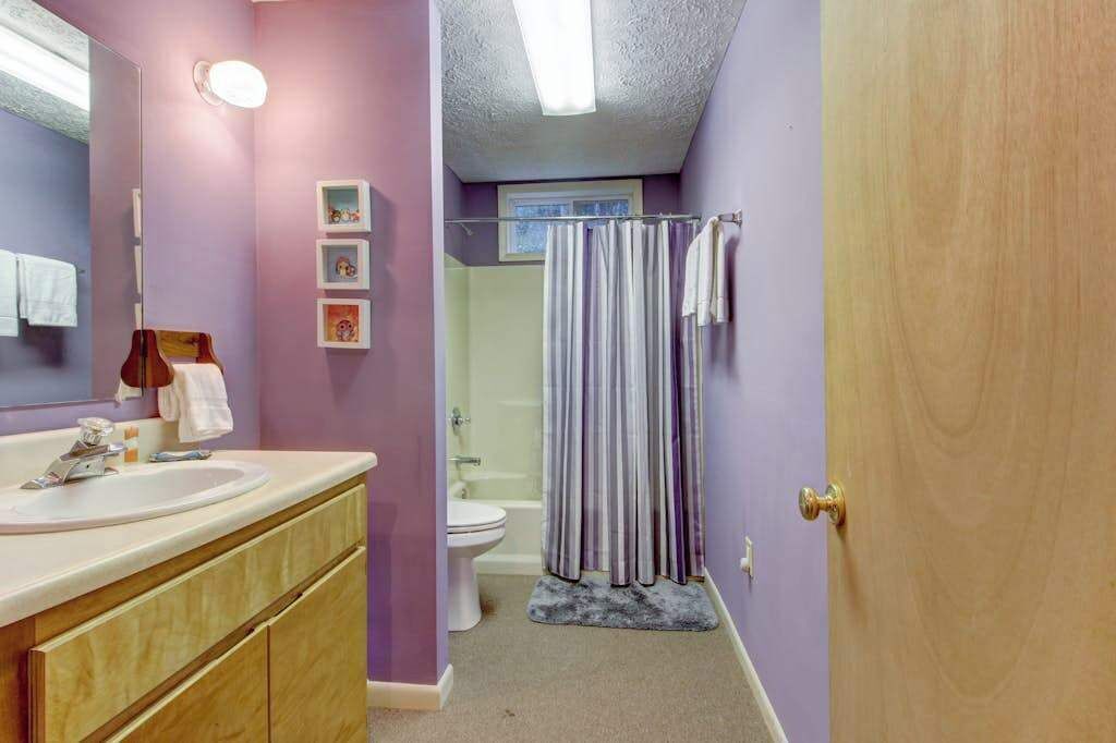 A bathroom with a vanity, sink, mirror, and a shower curtain.