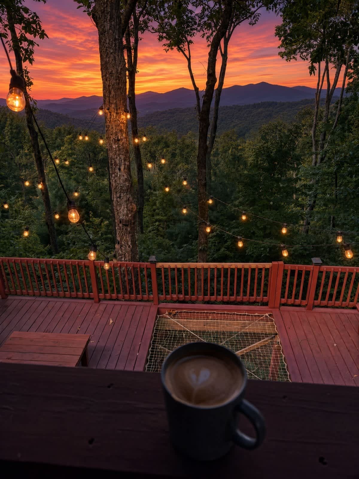A wooden deck with a red railing, a cup of coffee, and string lights against a sunset backdrop.