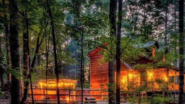 Eine Holzhütte im Wald mit einer Holzwand und einer sichtbaren Außenterrasse.