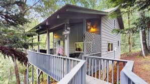 A cabin with a porch, a sign reading '165 TALONA,' and an American flag.