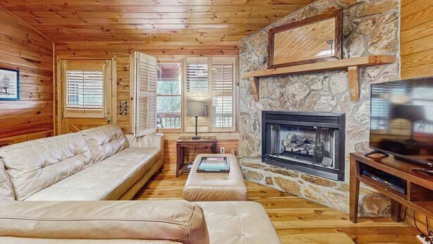A cozy cabin interior with a stone fireplace, wooden walls, a leather sofa, and a television. - Wonderland Ellijay Stay (Ellijay)