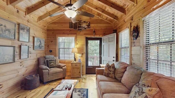 A wooden cabin interior with a ceiling fan, two sofas, a coffee table, and framed pictures on the walls. - Swiss Puure Huus Cabin (Blue Ridge)