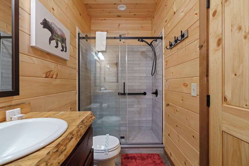 A wooden cabin bathroom with a glass shower enclosure, a white sink, and a toilet.