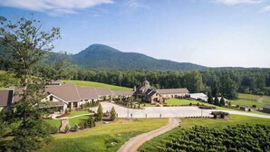 A residential area with multiple houses, a large driveway, and a mountain in the background. - Wooded Wonder Retreat (Cleveland)