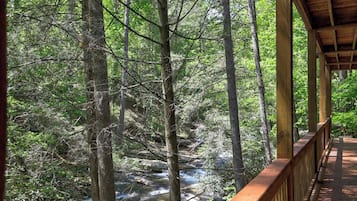 Une terrasse en bois donnant sur une zone boisée, avec un ruisseau.