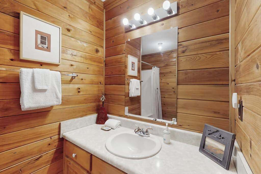 A wooden-paneled bathroom with a sink, mirror, and framed pictures.