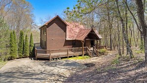 A rustic cabin with a porch, surrounded by trees. - Blue Ridge Bear Bungalow (Blue Ridge)