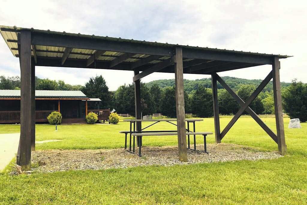 A covered picnic area with benches and a gravel path.