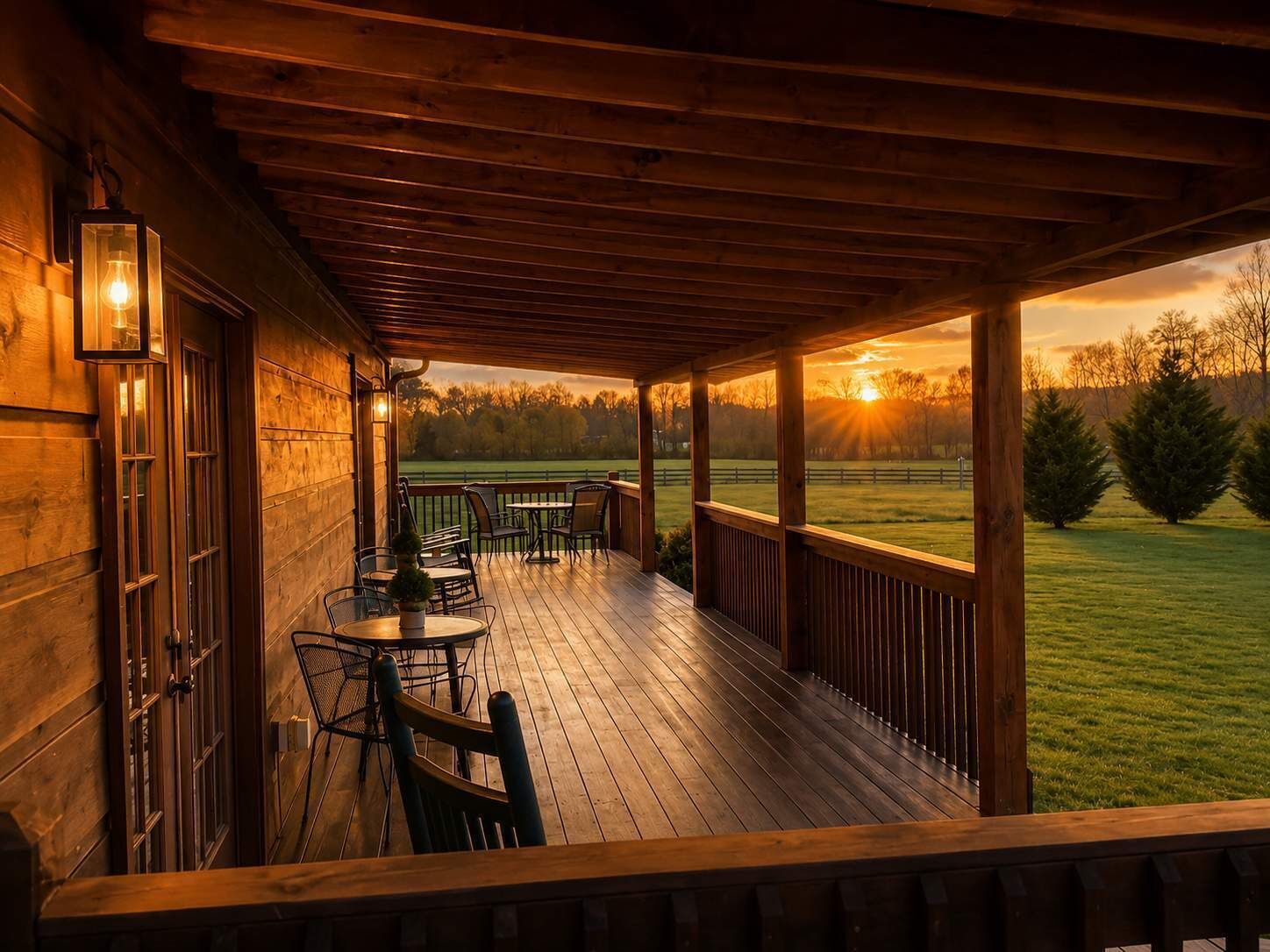 A wooden deck with outdoor seating and a view of a grassy field at sunset.