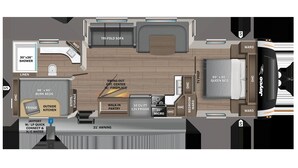 Ein Grundriss mit einer 30x91 cm großen Dusche, 122x203 cm großen Etagenbetten, einem 183x203 cm großen Queensize-Bett, einem 280 Liter 12V-Kühlschrank und einem 30 cm kleinen Kühlschrank.