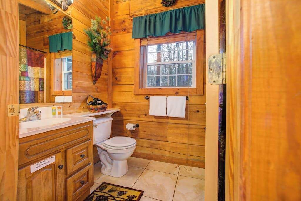 Une salle de bain rustique, aménagée dans une cabane en bois, avec des toilettes, un lavabo et un miroir.