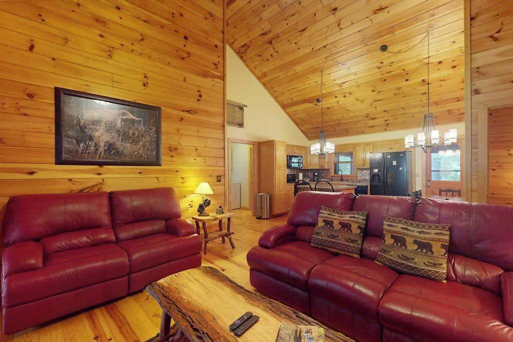 L’intérieur de la cabane est doté de murs et d’un plafond en bois, d’un coin cuisine et de deux canapés en cuir avec des coussins.