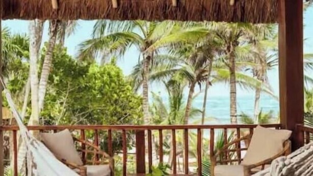 Een overdekt terras met rieten dak, voorzien van een hangmat en twee stoelen, met uitzicht op palmbomen en de oceaan.