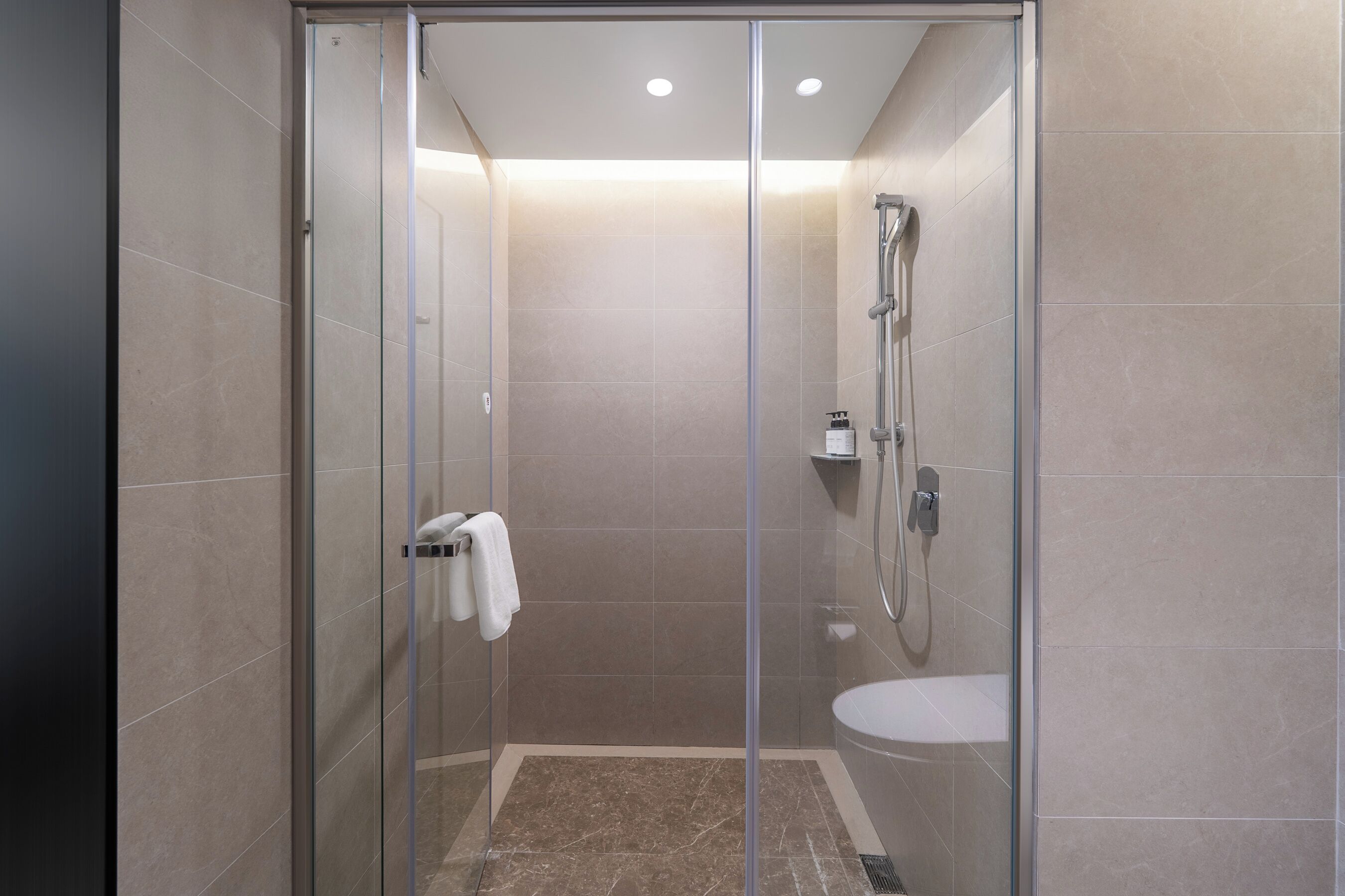 A modern shower enclosure with glass doors, a glass shower, and a white sink.