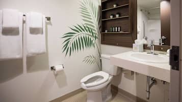 Combined shower/tub, eco-friendly toiletries, hair dryer, bathrobes