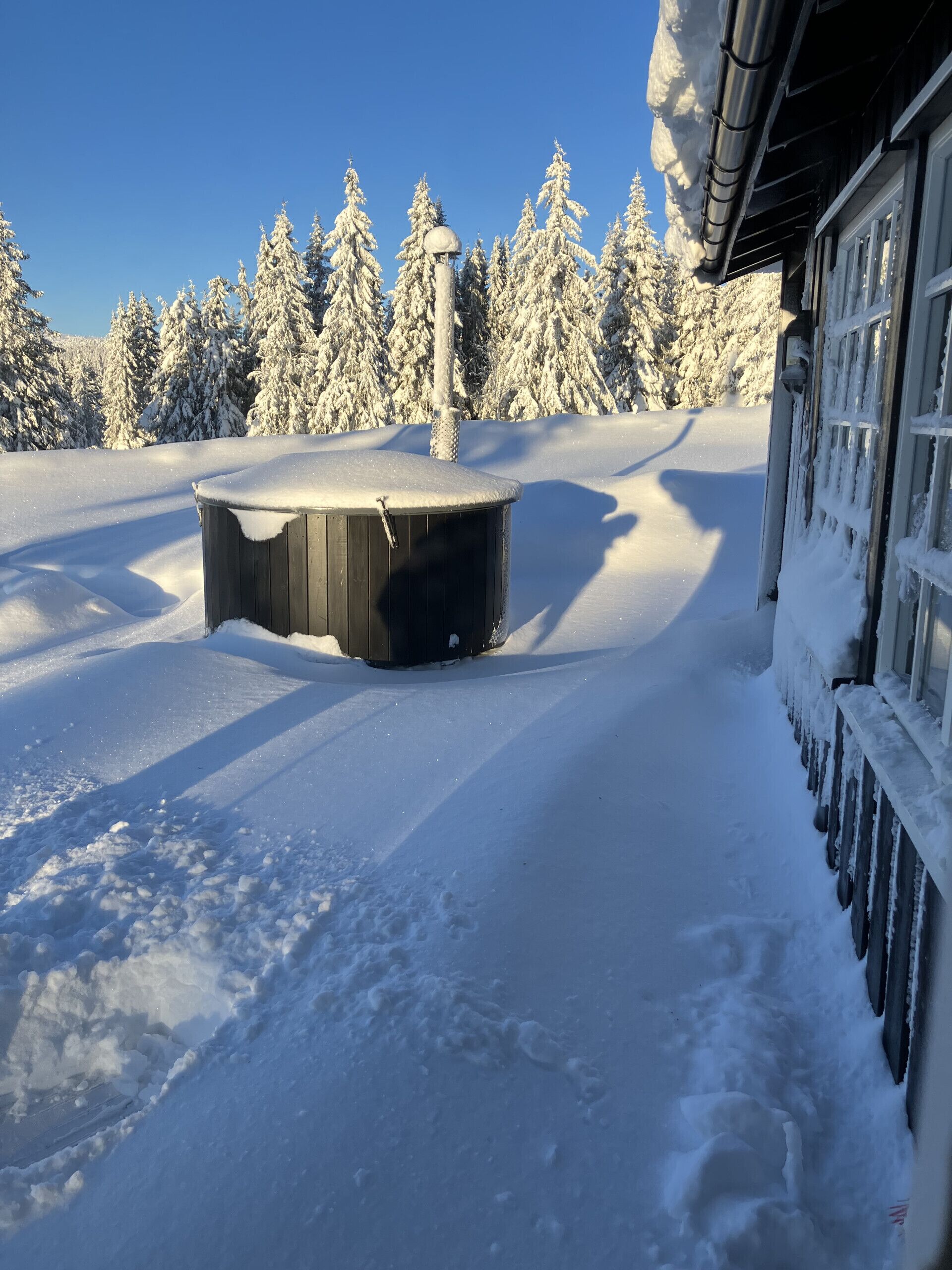 A snow-covered outdoor area with a wooden structure, possibly a sauna, and snow-laden trees in the background.