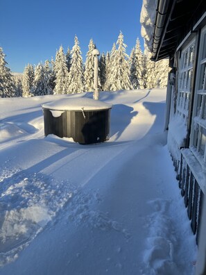 Zona exterior coberta de neu amb una estructura de fusta, possiblement una sauna, i arbres carregats de neu al fons.
