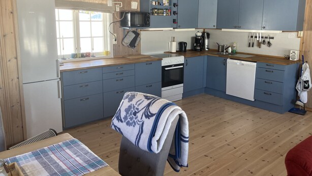 A compact kitchen with a refrigerator, stove, microwave, and dishwasher. - Mountain cabin in Lillehammer (Lillehammer)
