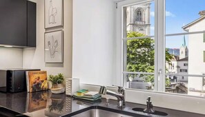 Eine moderne Küche mit einer Spüle aus Edelstahl, einem Fenster mit Blick auf eine Kirche und einem Blumentopf auf der Arbeitsfläche.