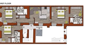 A first-floor floor plan with multiple bedrooms, bathrooms, a kitchen, and an elevator. - Dolcevita Panisperna 1 Norma Apartment (Rome)
