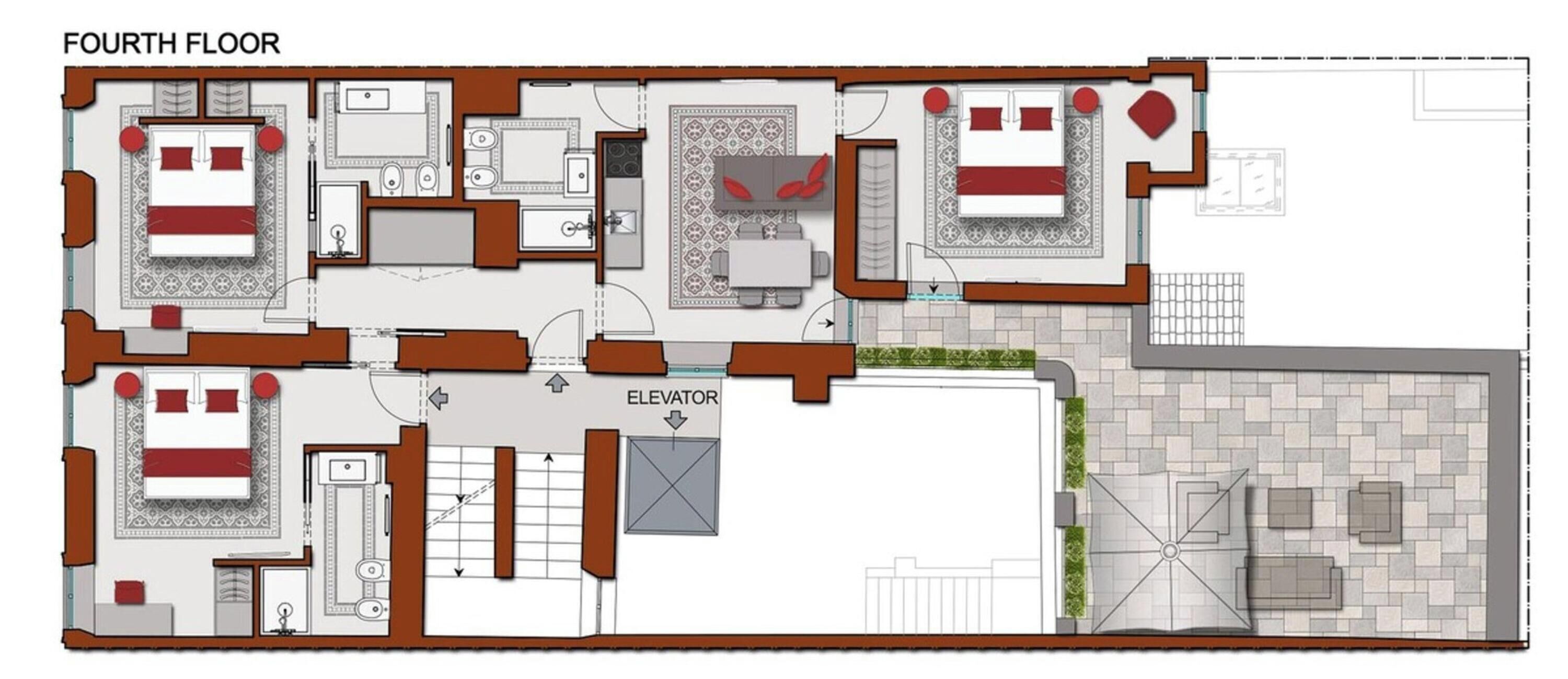 A hotel fourth floor layout with multiple bedrooms, bathrooms, a kitchen, and a dining area.