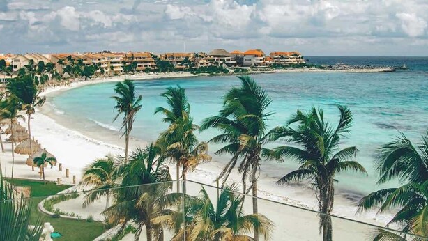 Un resort con sistemazioni fronte spiaggia, palme e vista libera sull'oceano.