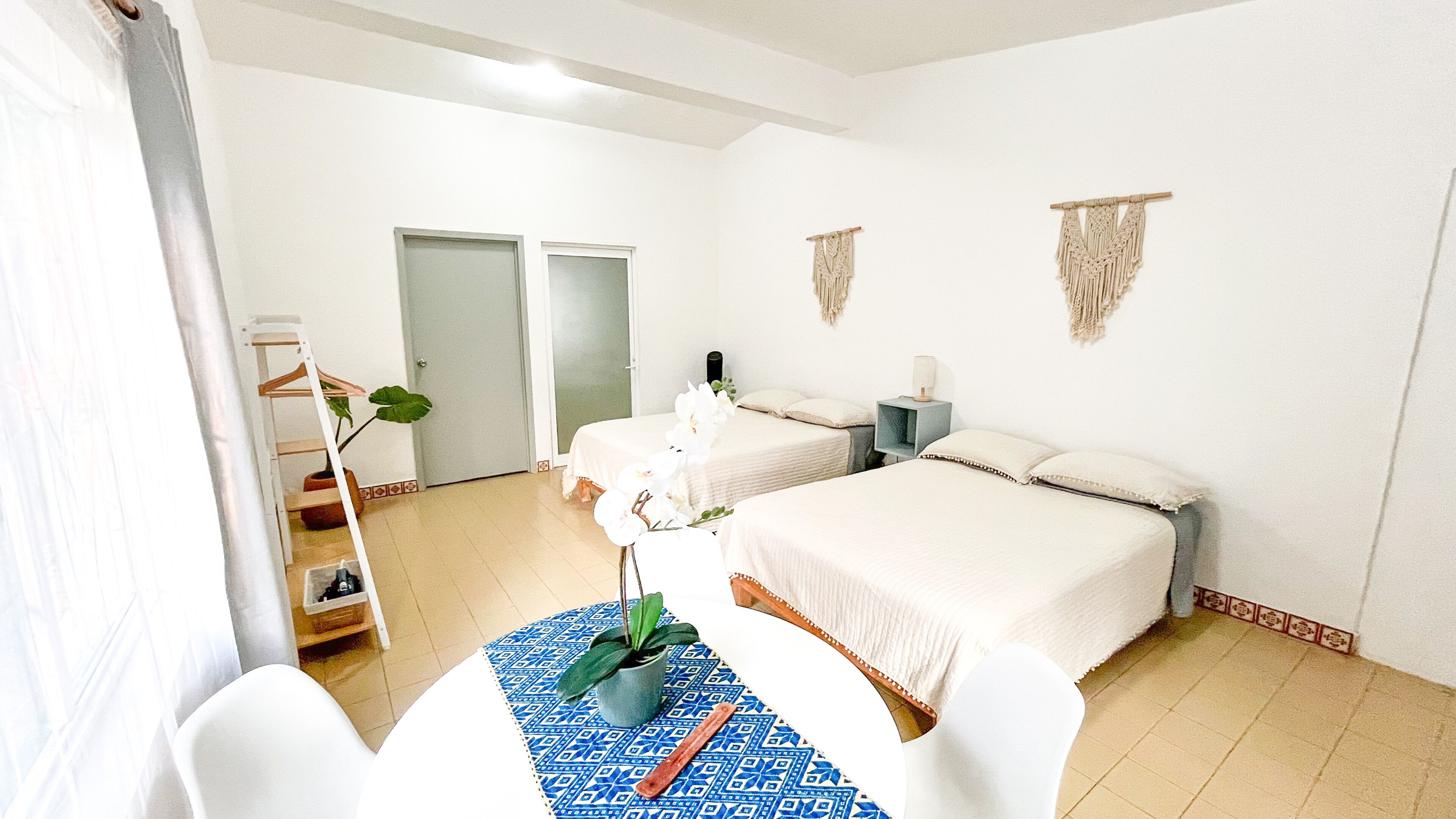 Une chambre d’hôtel avec deux lits, un bureau, une chaise, une plante et une échelle.