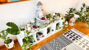 A room with a Buddha statue, shelves with plants, a patterned rug, and a white wall.