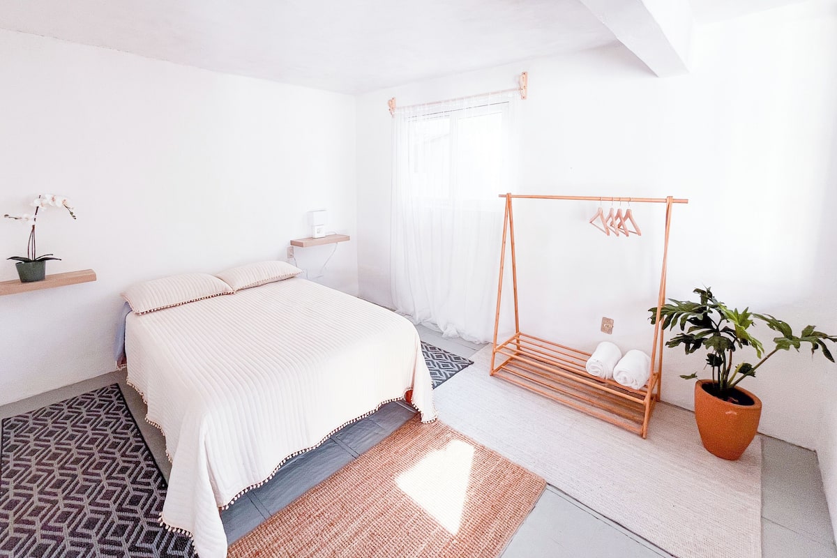 A minimalist bedroom with a bed, a hanging chair, a potted plant, and a small shelf.