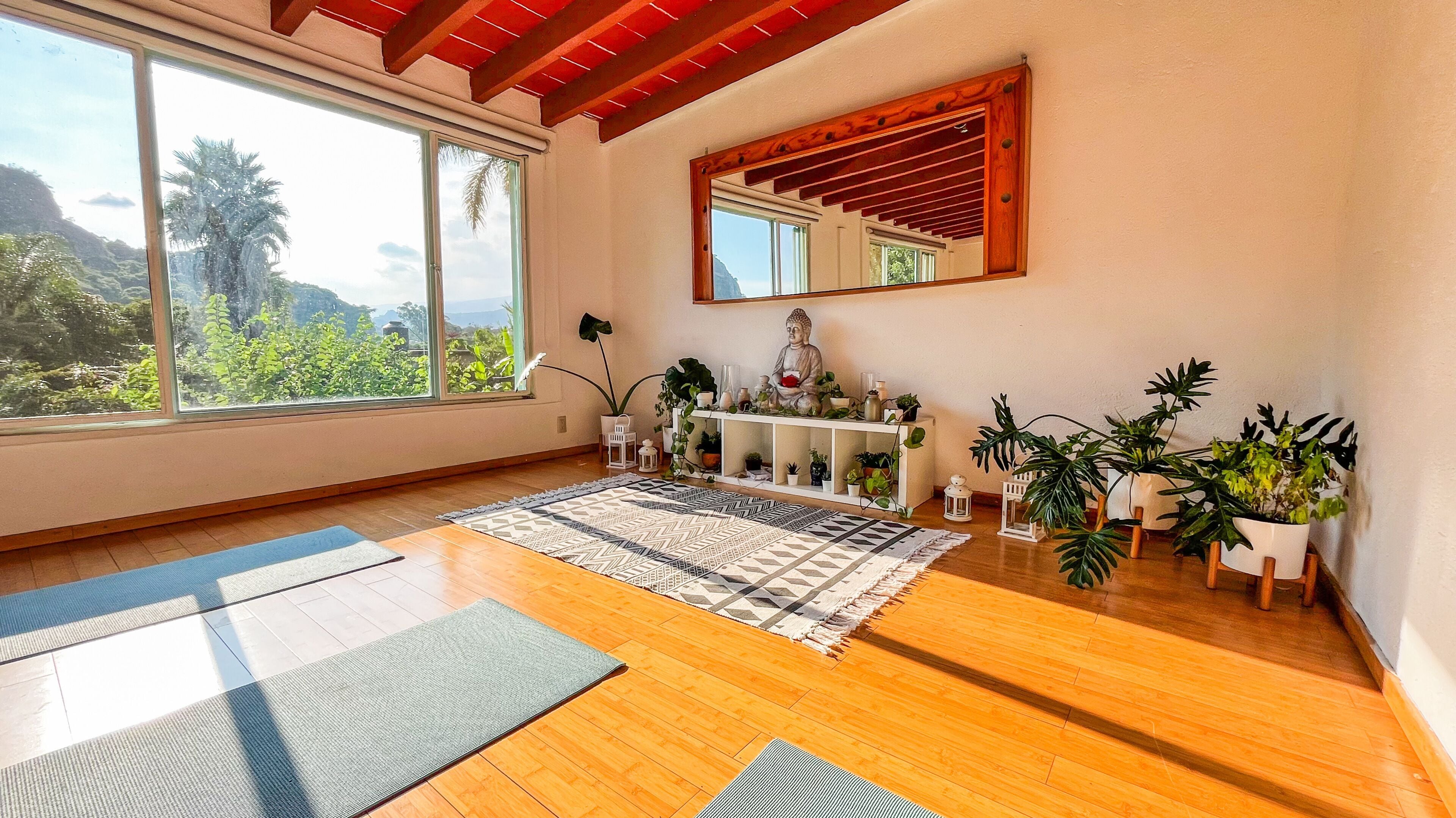 Una habitación con un ventanal grande, techo de madera, una estatua, una consola con plantas y un tapete estampado.