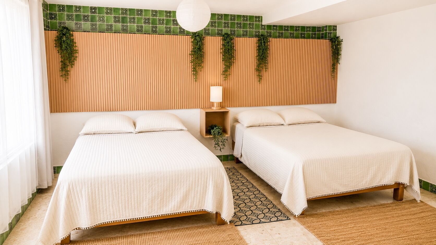 A double room with two beds, a bedside table with a lamp, a hanging plant, and a patterned rug.