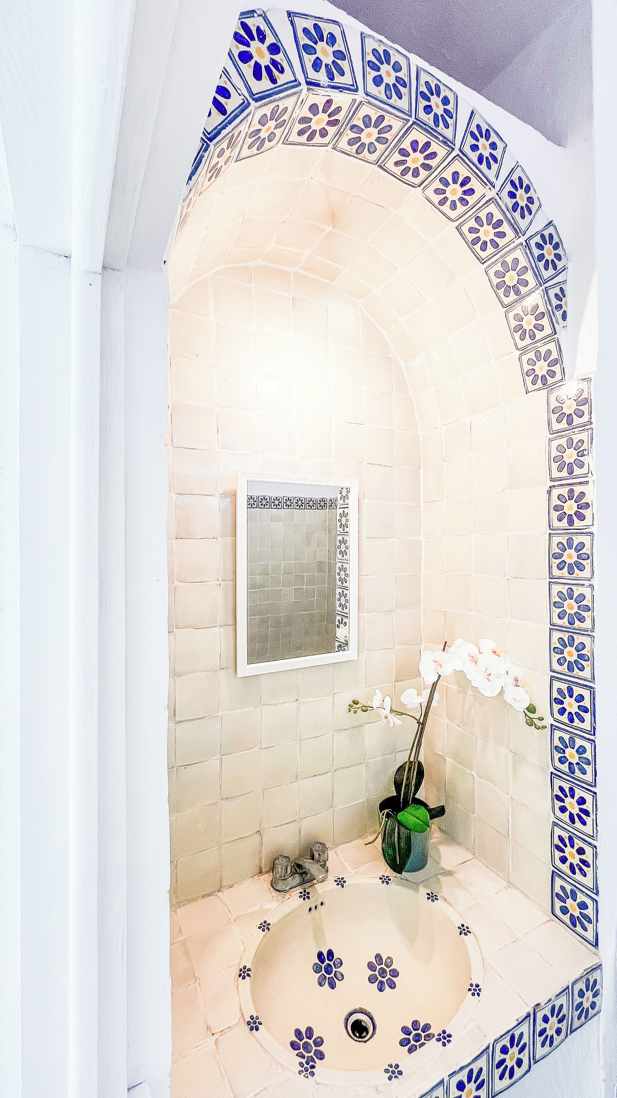 Un baño con pared de azulejos, un lavabo, un espejo y una planta en maceta.