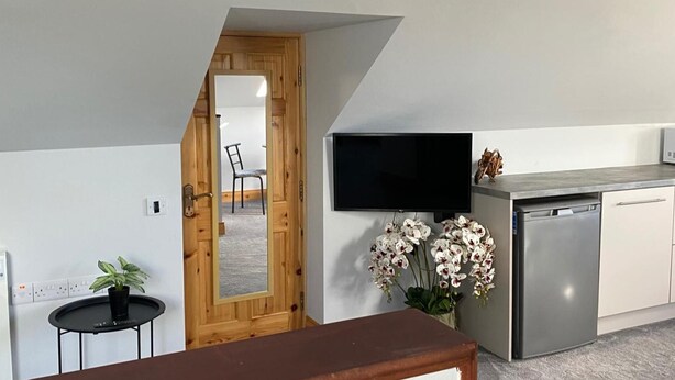 A modern kitchen with a flat-screen TV, a refrigerator, and a wooden door leading to another room. - Studio Sleeps 2 -private Hot Tub -enclosed Garden (Killarney)