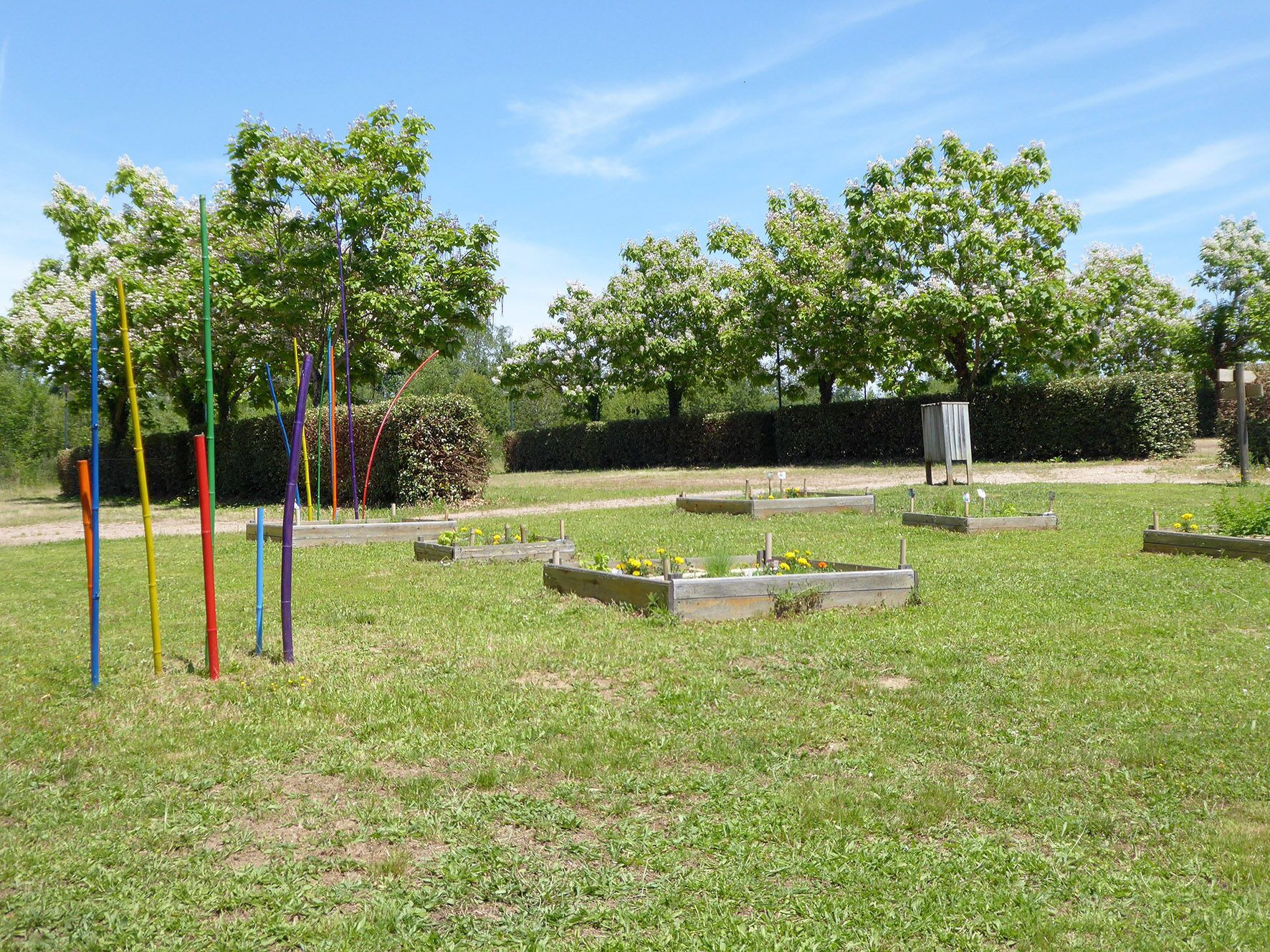 Un jardin avec des plates-bandes surélevées, une structure en bois et une haie.