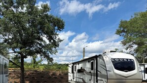 Una caravana recreativa con el logotipo 'COUGAR', una mesa de picnic y un árbol de fondo.