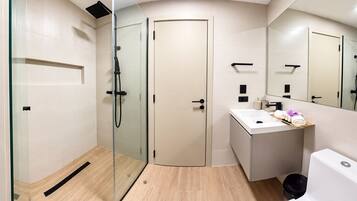 A modern bathroom with a glass-enclosed shower, a white sink, and a mirror.
