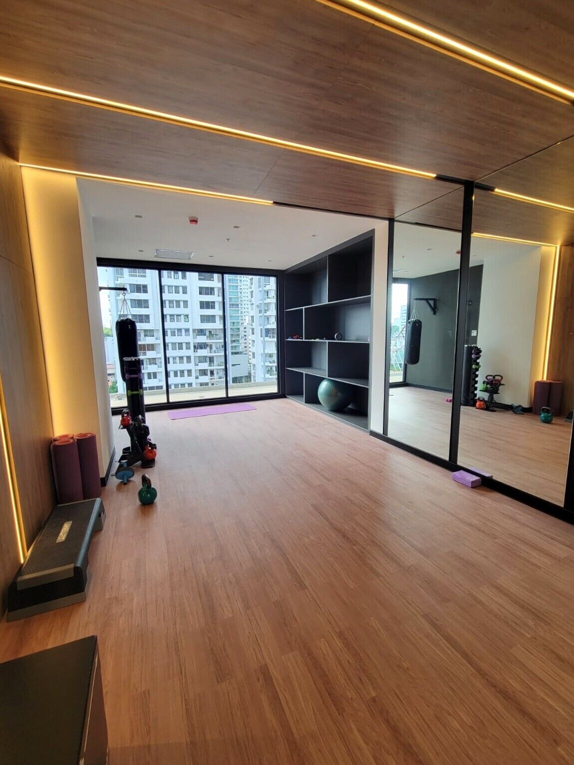 A modern gym with wooden flooring, exercise equipment, and a large window offering a city view.