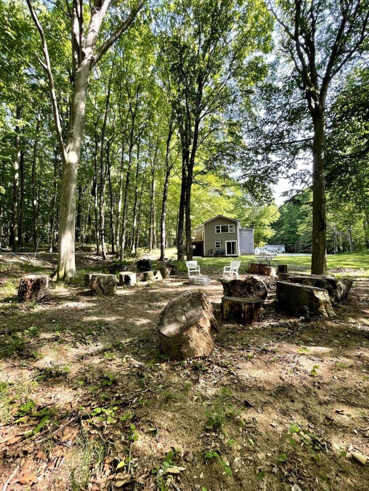 Een bebost gebied met een chalet, buitenmeubilair en een vrij uitzicht op de omgeving.