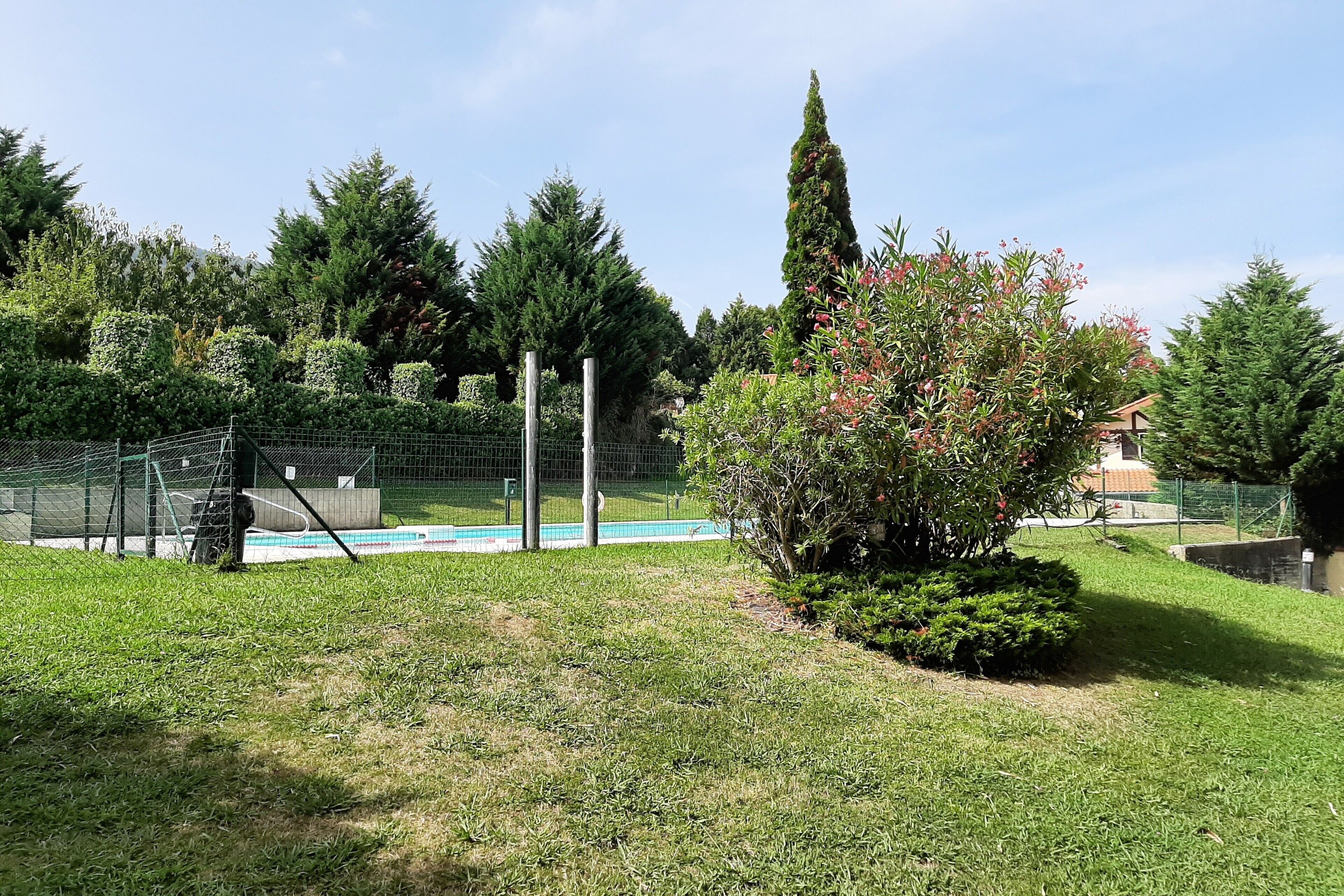 Un jardin avec une piscine, un espace clôturé et divers arbres et arbustes.