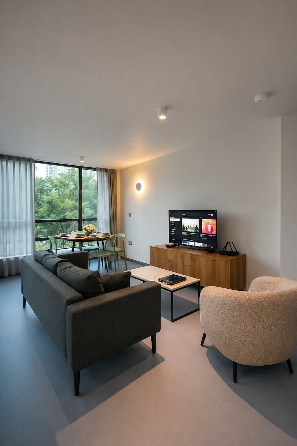 A modern living room with a sofa, armchair, coffee table, and a TV on a wooden cabinet.