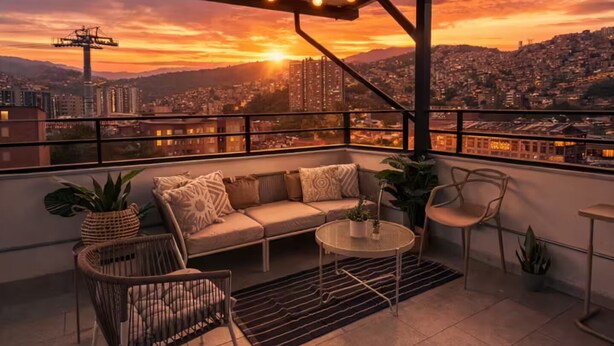 Terraza en la azotea con sofá, sillas, una mesa, luces colgantes y vista panorámica de la ciudad al atardecer.